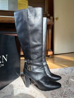 Lauren Ralph Lauren Black Leather Knee-High Heeled Boots